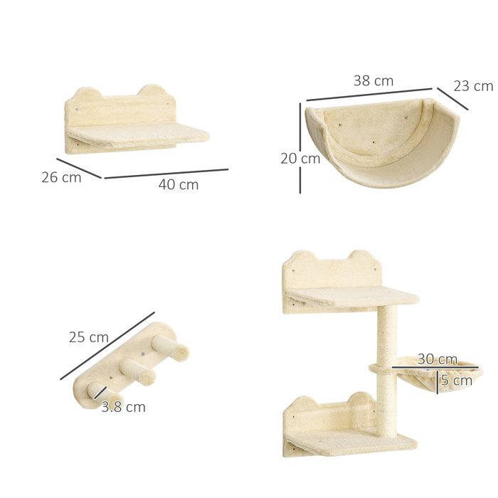 PawHut Cat Climbing Wall 4-Piece, Cat Scratching Post with Climbing, Cat Ladder, Hammock, Jumping Platform, Wall Scratching Post for Cats up to 5 kg