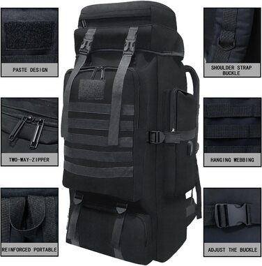Wesoke 80L тактичний туристичний рюкзак MOLLE, водонепроникний, військовий, для походів і подорожей, велика місткість, чорний