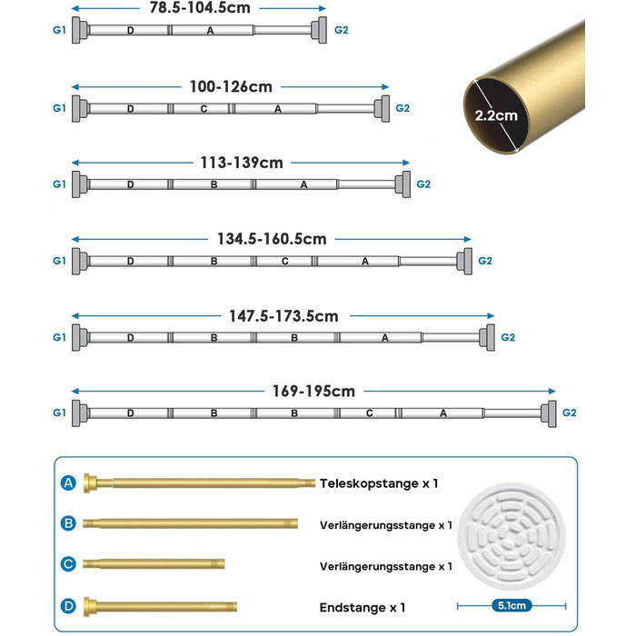 Телескопічна штанга для карнизів та душової кабіни без свердління, 79-195 см (Золотий)