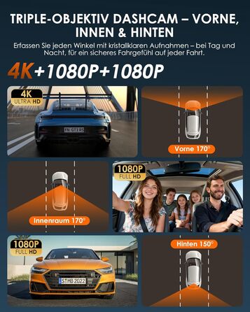 Відеореєстратор iZEEKER 3-канальний 4K з картою 32GB: передній, задній, внутрішній, WiFi 6, нічна зйомка