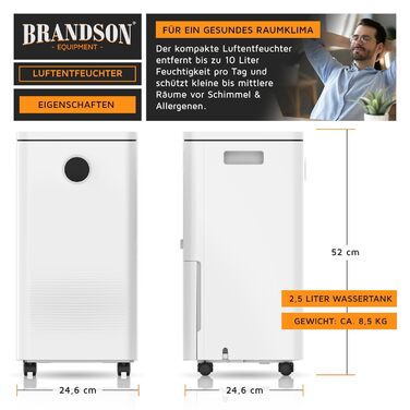 Зволожувач повітря Brandson 10L з компресором – електричний, тихий, для спальні, ванної, підвалу, без Wi-Fi