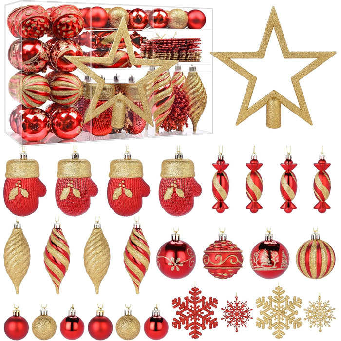 Набір прикрас на ялинку Alupssuc 80 шт. - ялинкові кулі різних форм, з гачками, для святкування Різдва, вечірок та весіль, колір шампань-золото (червоний & золотий)