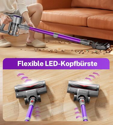 Бездротовий акумуляторний пилосос з потужністю 25000Pa, 175W, час роботи 50 хвилин. З антизаплутувальною насадкою та самостійне зберігання. Легкий ручний пилосос для твердих підлог, килимів, шерсті тварин. Колір: Taro-violett