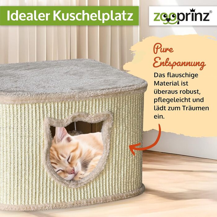 Преміум котячий будиночок Zooprinz – котячий кошик для кота – з товстими сизалевими стінами – затишна печерка з м'яким плюшем та іграшкою – котячий бокс у скандинавському стилі (Бежевий)