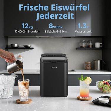 Машина для приготування льоду COMFEE' RCI12BL1EU(E) – чорна, 8 кубиків за 6 хвилин, 12 кг/24 год, 1.3л резервуар, самоочищення, компактний дизайн, з лопаткою та кошиком для дому