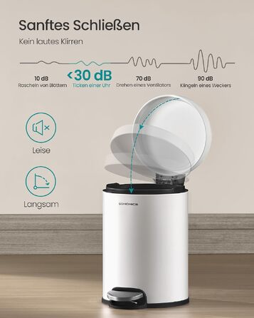 Сміттєвий кошик для ванної кімнати SONGMICS PLUSHIC з кришкою та системою плавного закривання, сталевий, білий, 6 л (20,5 x 26 x 28 см)