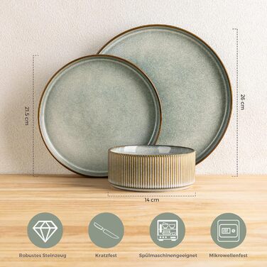 Набір посуду GBhome з реактивної глазурі для 6 осіб (18 предметів), ручна робота, керамічний посуд, безпечний для мікрохвильової печі та посудомийної машини, набір тарілок та мисок, колір Immergrün (Desret Salbei)
