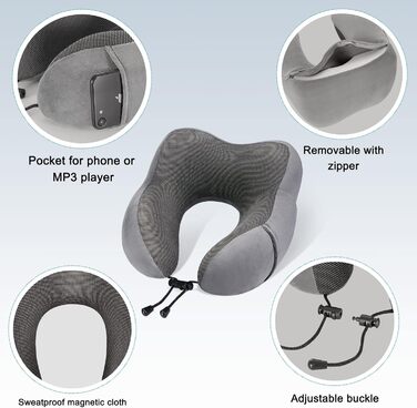 Подушка для шиї Eono з піною Memory Foam, ергономічна, для подорожей, з маскою для сну та навушниками, сіра