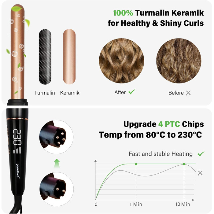 Welleneisen Janelove 3 Fässer - Керамічний локон для волосся 10-32 мм, 180°C/210°C, з кліпсами та рукавичкою (Чорний)