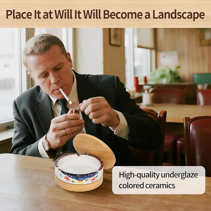 Ашенбечер для вулиці з кришкою та вставкою з нержавіючої сталі, дерев'яний, герметичний, для балкона, тераси, саду, кафе, ресторану, дому, офісу