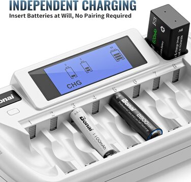 Зарядний пристрій BONAI для акумуляторів 9 слотів LCD, універсальний, інтелектуальний зарядний акумулятор з функцією розряду для AA/AAA/9V NI-MH акумуляторів