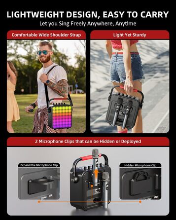 Караоке Машина з 2 мікрофонами, Bluetooth, PA Система з FM, USB, TF, AUX, Ехо, Регулювання Bass/Treble, Чорний