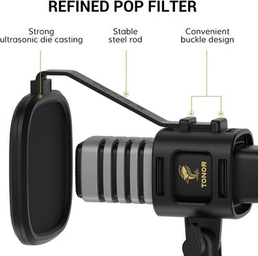 USB мікрофон TONOR TC30 з ниркової характеристики, для комп'ютера, стрімінгу, подкастингу та запису голосу. Комплект: стійка, поп-фільтр, мікрофонна павутина