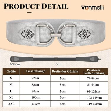 Жіночий ремінь VONMELLI Vintage з широкою талією та товстою пряжкою. Еластичний широкий ремінь для суконь та пальто (Срібло, XXL: обхват талії 119-150 см)