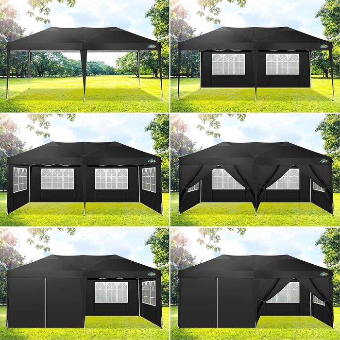 COBIZI Pavilion 3x3 Waterproof Folding Pavilion with 4 Side Panels, Outdoor Folding Pavilion, Stable UV Protection 50+, Pop-Up Garden Pavilion, Party Tent for Outdoors, Garden, Party, Wedding, Market (Black, 3x6m)