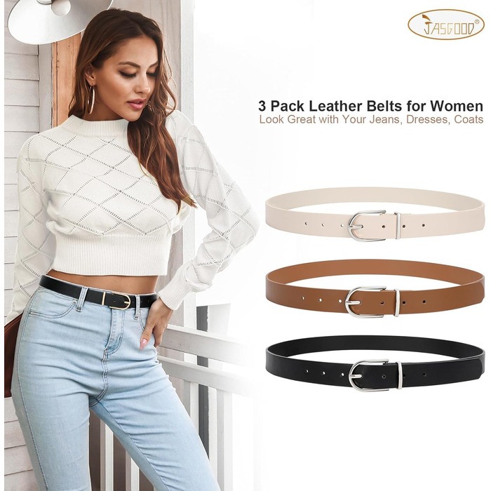 Жіночий шкіряний ремінь JasGood для джинсів, штанів, суконь з золотою пряжкою, чорний+коричневий+бежевий (срібна пряжка), розмір регулюється 66-82 см