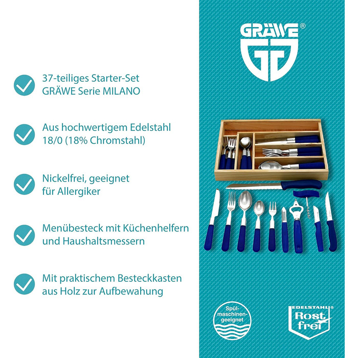 GRÄWE Starter Set for 6 People, 37-Piece, Stainless Steel Cutlery, 30-Piece Dinner Cutlery, including 3 Kitchen Knives, 3 Kitchen Utensils, Drawer Insert - Milano Series