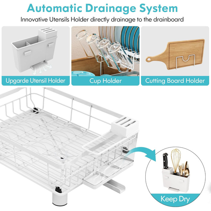 Сушарка для посуду MAJALiS 2-ярусна з піддоном та килимком, з тримачем для кухонного приладдя, чорна, нержавіюча сталь