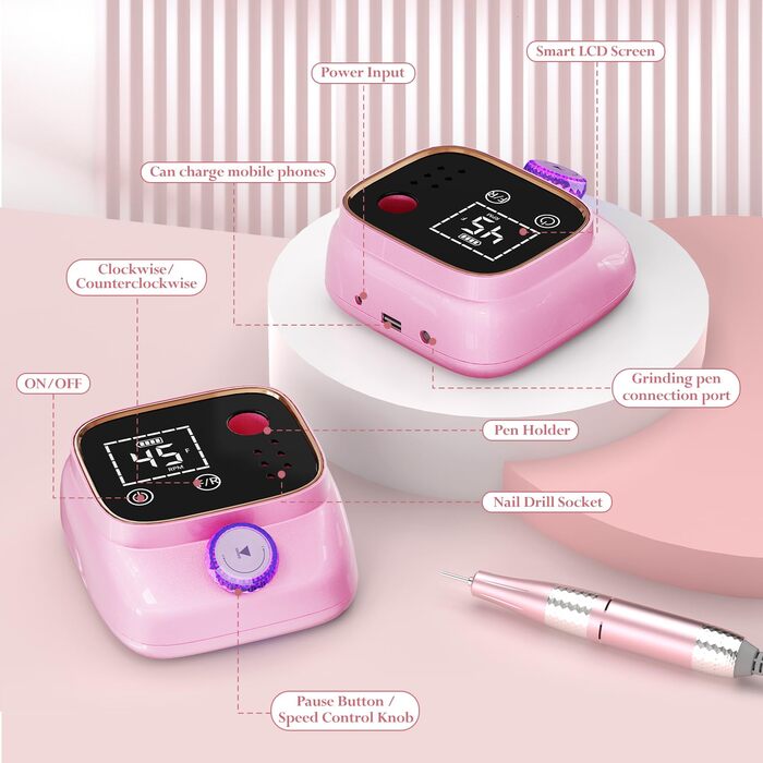 Професійна електрична машинка для манікюру та педикюру 45000 RPM, рожева