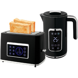 Набір для сніданку HOMCOM: чайник 1.7л з нержавіючої сталі та тостер на 2 тости з 6 рівнями підсмажування, LED-сенсорна панель, 2200W, функція розморожування, підігріву, зйомний піддон для крихт, кремово-білий (чорний)