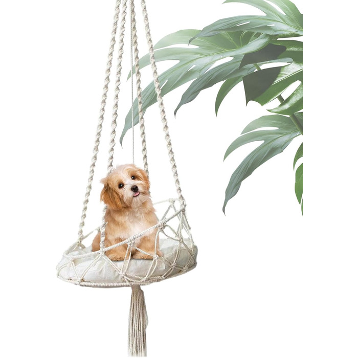 Крісло-гойдалка для кота, гамак-гойдалка Boho з макраме, ліжко для кота з гачком та знімним подушкою для саду, тераси, балкону, вітальні