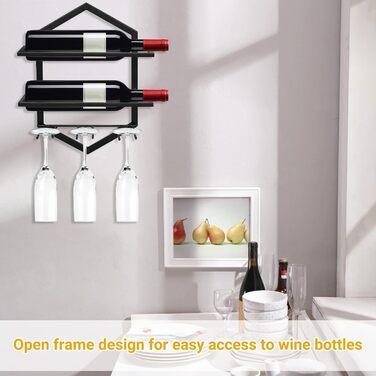 Giyiprpi Metal Wall-Mounted Wine Rack, Hanging Wine Glass Holder Organizer for 2 Bottles and 3 Glasses Included, Wine Shelf Red Wine Rack for Home Kitchen Bar Display Decor (Black 2)