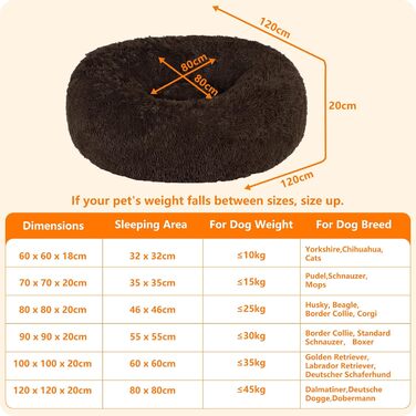 Ортопедичне ліжко для собак HMTOPE: кругла подушка, собаче ліжко, диван для котів, донат, м'яке гніздо, 70 см Ø, (120 x 120 x 20 см), коричневий