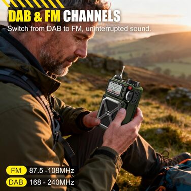 Портативне радіо DAB/DAB+ та FM з Bluetooth 5.3, сонячне радіо, радіо з ручним зарядним пристроєм, SOS, ліхтарик, роз'єм для навушників, SD-карта, USB, 4000 mAh, радіо для надзвичайних ситуацій, темно-зелене, з екраном