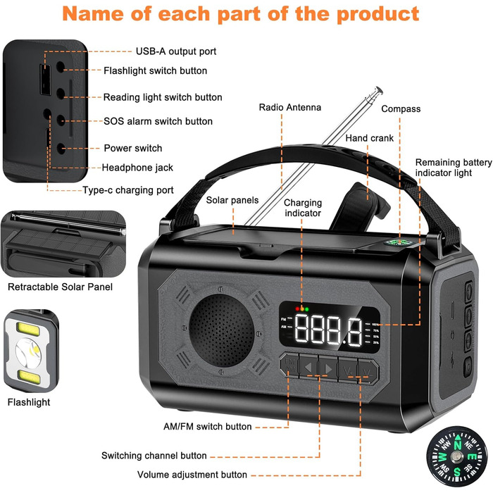 Радіоприймач Kurbelradio на 12000mAh з ручним зарядом, сонячною панеллю, AM/FM, зарядкою для телефону, SOS, ліхтарик, компас, LED-лампа (сірий)