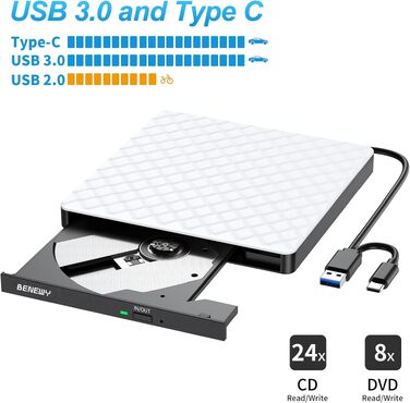 Зовнішній DVD-привід USB 3.0 та USB-C, CD/DVD Brenner для ноутбука та ПК (Windows, macOS, Linux), білий