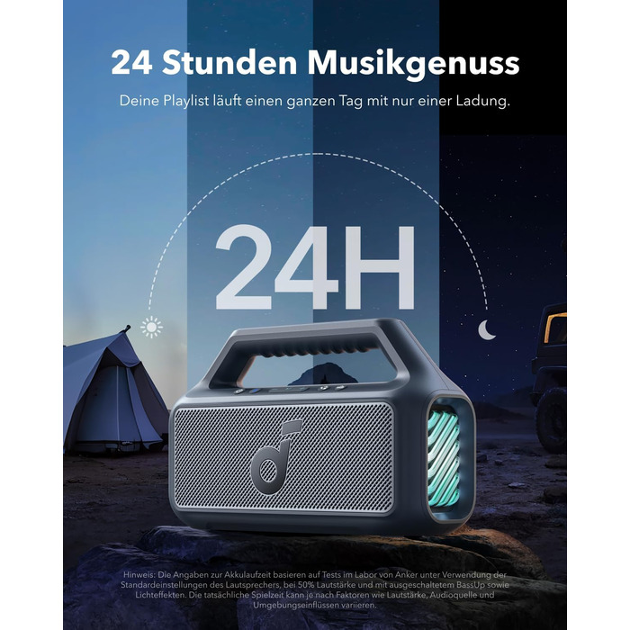 Soundcore Boom 2 - портативна Bluetooth колонка, 80W, сабвуфер, LED-підсвічування, IPX7, 24h, USB-C, BT 5.3, для кемпінгу, пляжу, саду (блакитна)
