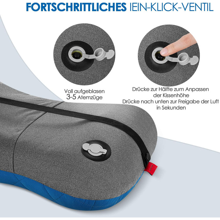 Надувна подушка для кемпінгу та подорожей HIKENTURE з знімним чохлом, ергономічна подушка для голови, зручна подушка для шиї для подорожей/відпочинку на природі (Блакитний)