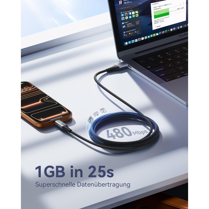 Кабель USB-C INIU, 3 шт. (2м+2м+0,5м), 3.1A, з LED-підсвічуванням, нейлон, для Samsung, iPhone, Pixel, iPad, MacBook