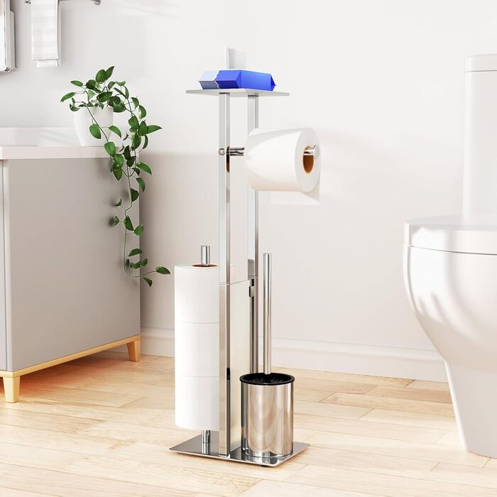 Stainless Steel Toilet Paper Holder with Brush & Shelf - Freestanding Toilet Roll Dispenser with Cover & Tray (Silver)