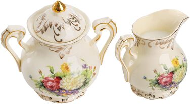 Foreigner's Zucker and Milchkännchen Set, Porcelain Ivory Coffee Serving Set Blossom Bushes Pattern Golden Leaves Edge Cream Pitcher and Sugar Bowl with Lid