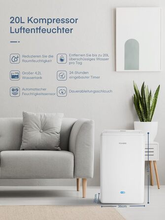Розумний осушувач повітря з Wi-Fi та додатком, 20 л/24 год, для приміщень до 135 м³ (50 м²), об'єм бака 4.2 л, захист від переливу, таймер 24 год з режимом прання, осушувач для підвалу, спальні, ванної кімнати