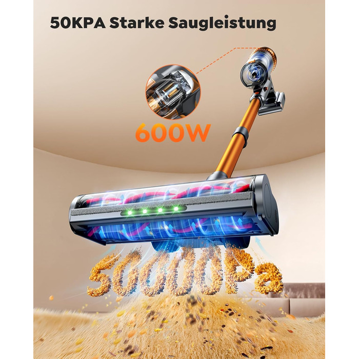 SMOTURE VAC04 Бездротовий акумуляторний пилосос, 50000 Па потужність всмоктування, 65 хвилин роботи, самостійна підставка, гнучкий шланг, щітка Anti-Tangle, док-станція для зарядки, для шерсті тварин, килимів та твердих поверхонь
