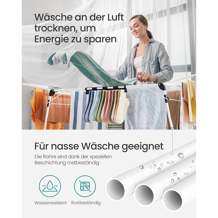 SONGMICS Сушарка для білизни на коліщатках, металева, біла, 52.5 x 173 x 96.5 см, з тримачем для шкарпеток, для одягу, рушників та білизни