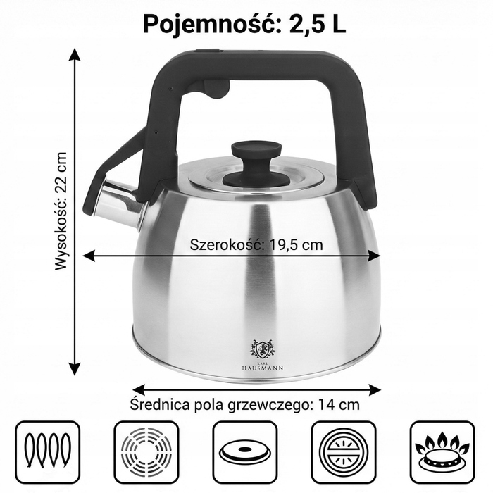 Класичний сталевий чайник Karl Hausmann, 2,5 л, чорний, сріблястий, сірий