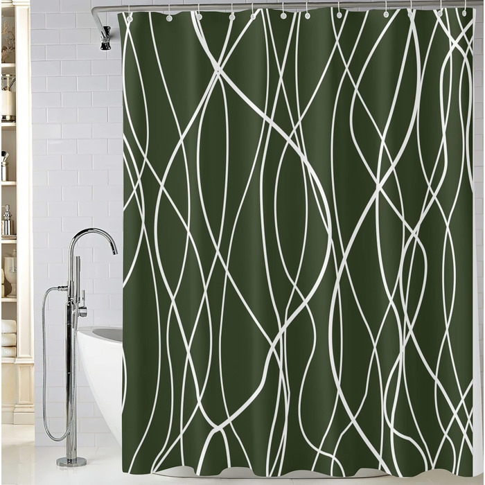 Шторка для душу M&W Design з поліестеру, з лініями, антигрибкова, водовідштовхувальна, біла, 180x200 см, з 12 гачками