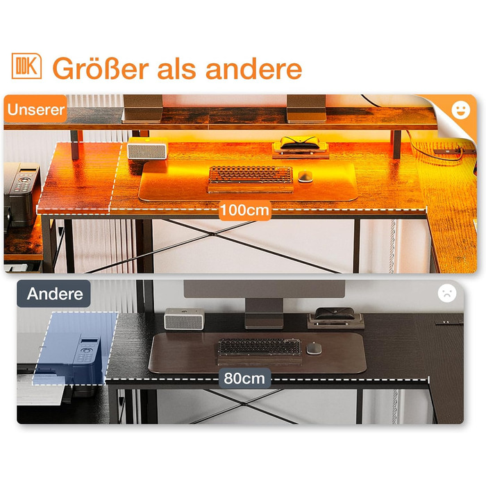ODK L-Shaped Desk with Drawers, Reversible Corner Desk with LED & Power Strip, Large 189.3x100cm (Vintage Brown)