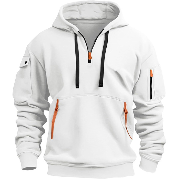 Світшот чоловічий з капюшоном на половинну застібку, вінтажний, базовий, з довгими рукавами, оверсайз, великі розміри, армійський, з кількома кишенями (4XL, #7white)