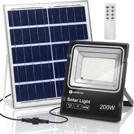 Aigostar Solar Flood Light Outdoor, Super Bright LED Floodlight with Solar Panel, Cool White 6500K, IP66 Protection Rating Solar Floodlight Spotlight Outdoor Floodlight for Garden, Door, Yard, Garage, etc. (200W)