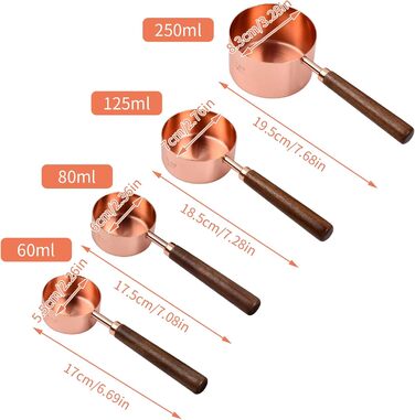 Набір мірних ложок мідних (4 шт.) з дерев'яною ручкою для кави, кухні, випічки 60/80/125/250 мл Akazie (Золото)