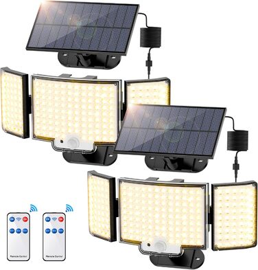 Сонячні ліхтарі для вулиці з датчиком руху, 212 LED, 3 режими, водонепроникні IP65, настінні LED прожектори для саду, комплект 2 шт. (холодне/тепле світло)