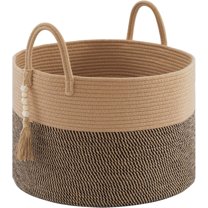 YOUDENOVA Woven Laundry Basket Large 65L Basket Storage Basket Blanket Toy Basket for Living Room Children's Room Storage Basket Laundry Collector 50x33 (Jute & Black, 50cm(D) x 33cm(H))