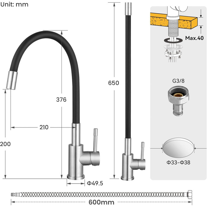 Кран кухонний CECIPA SOFETIY SERIE чорний матовий, з гнучким гусаком 360°, для високого тиску, з нержавіючої сталі, для мийки, однорегуляторний