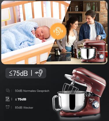 Fentic 2000W Stainless Steel Stand Mixer with 6.2L Bowl - Includes Dough Hook, Whisk, Beater & Splash Guard - Red