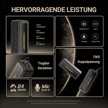 BOGASING G4 Bluetooth колонка 50W: Портативна водонепроникна колонка з глибоким басом, підтримкою TF-карти, AUX, Bluetooth 5.3, 24 години роботи
