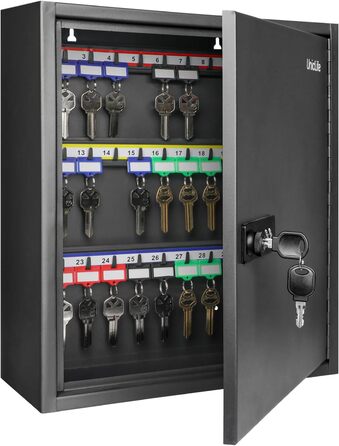 Шкафчик для ключів Uniclife на 60 позицій з комбінацією та ключовим замком, чорного кольору, з регульованими полицями. Цифрова скринька безпеки, органайзер для ключів